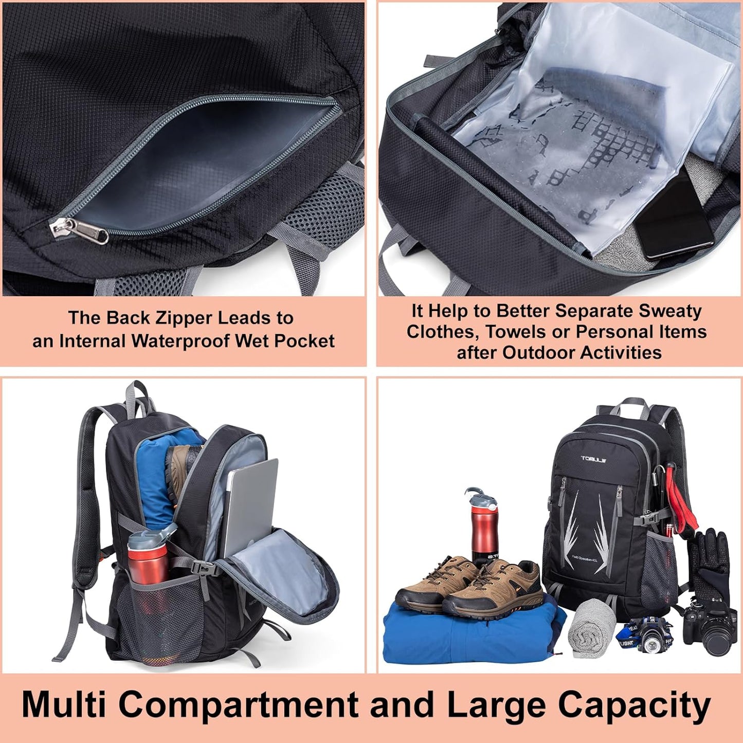 Day Hiking Backpack - Small Waterproof Travel Backpack for Women, 40L