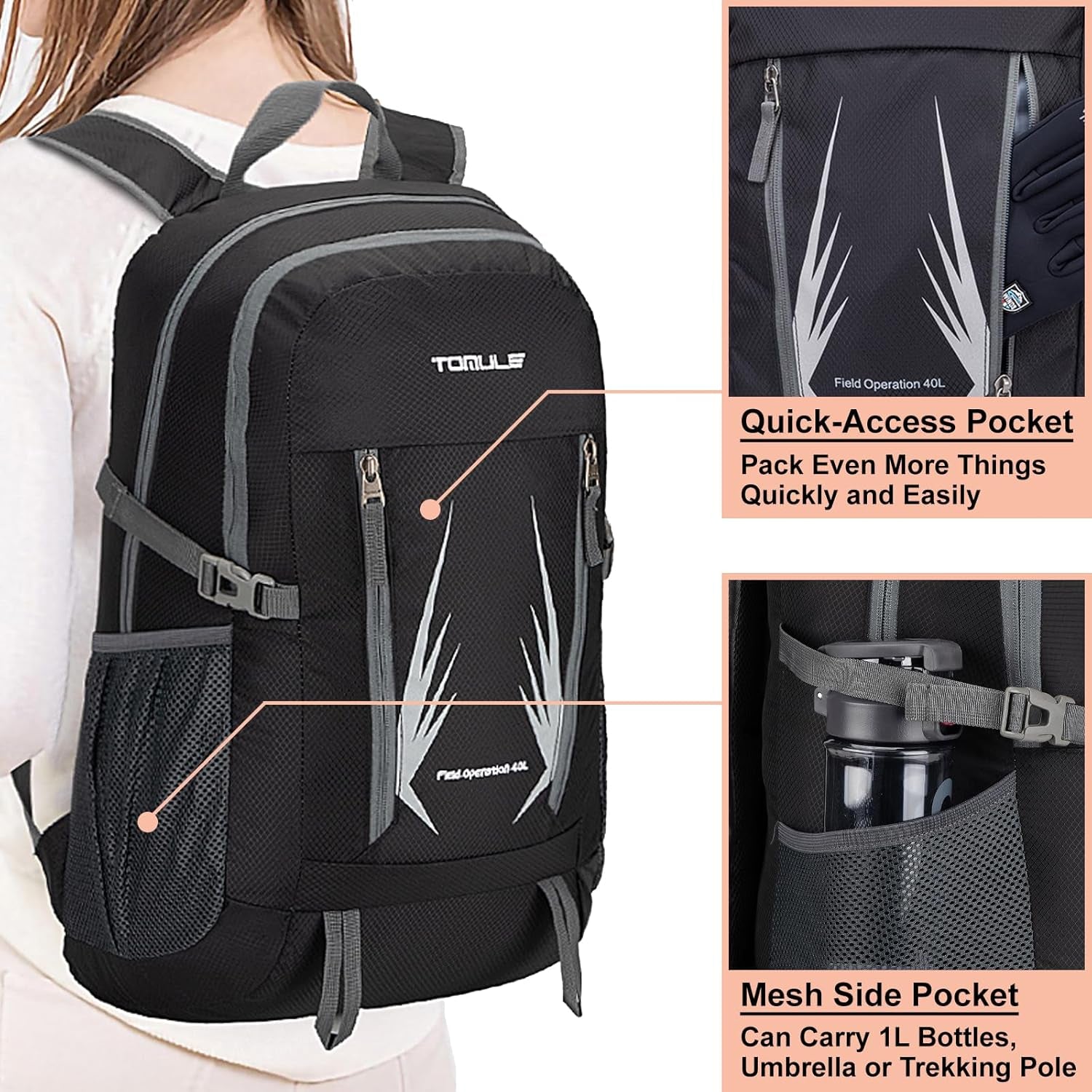 Day Hiking Backpack - Small Waterproof Travel Backpack for Women, 40L