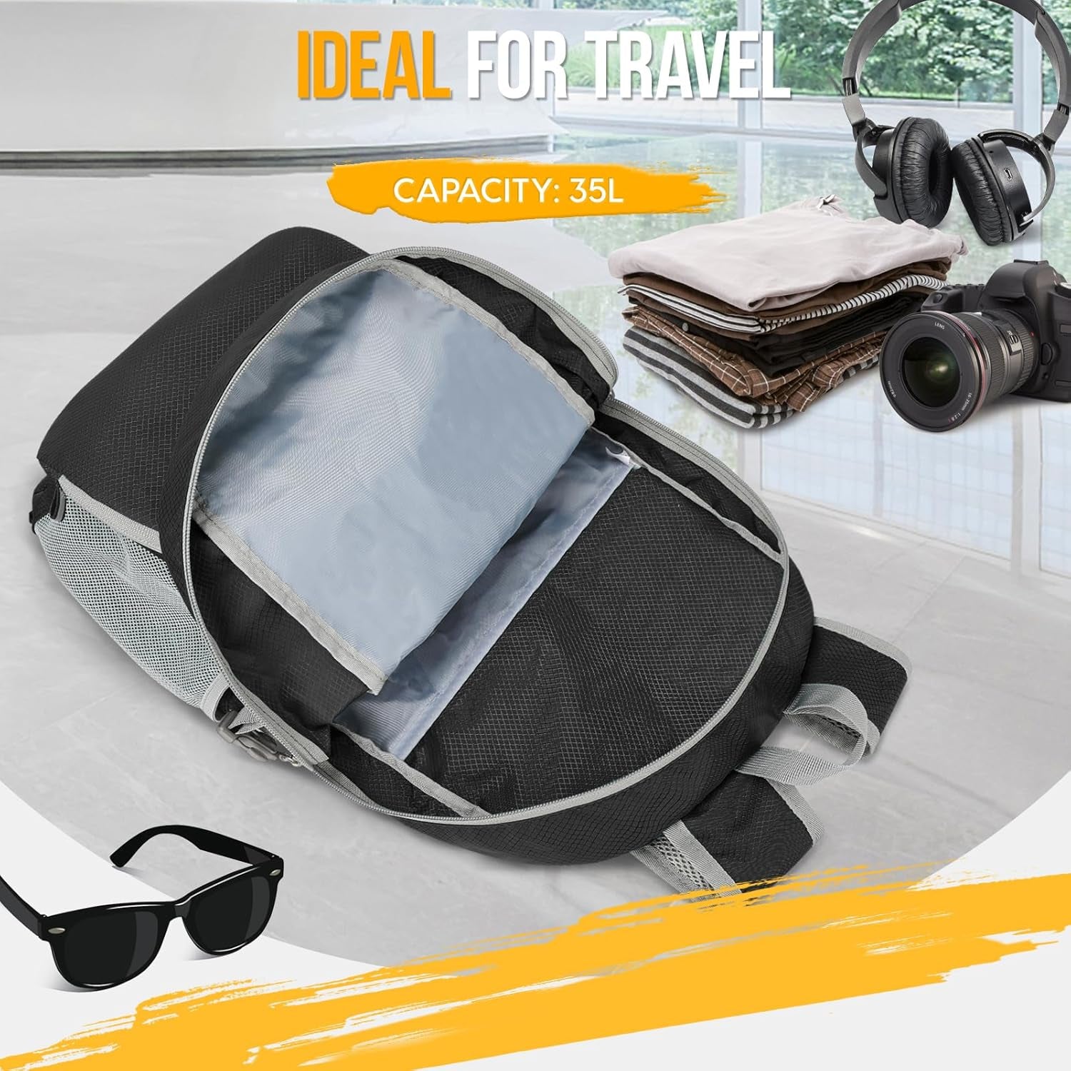 Lightweight Packable Backpack 35L, Light Foldable Backpacks Water Resistant Collapsible Hiking Bag, Compact Folding Day Pack for Travel Camping(Black)