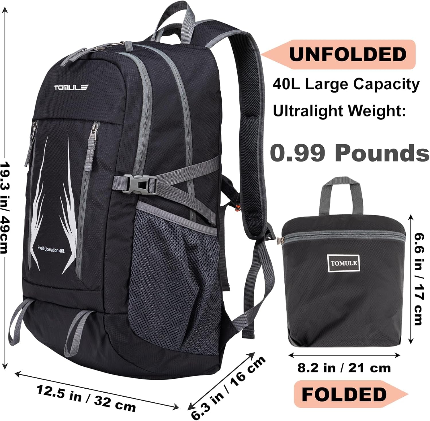 Day Hiking Backpack - Small Waterproof Travel Backpack for Women, 40L