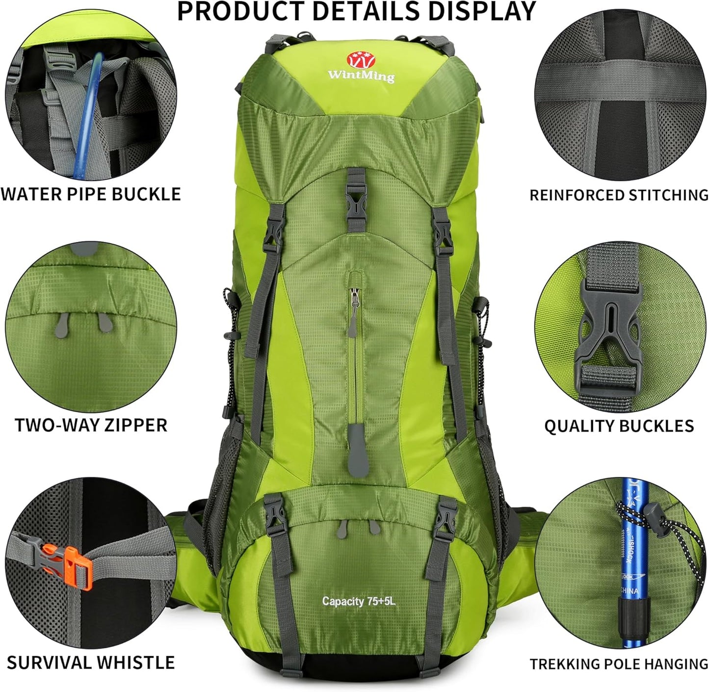 Wintming 75L Hiking Backpack with Rain Cover Waterproof Camping Backpack Shoes Warehouse for Men Women